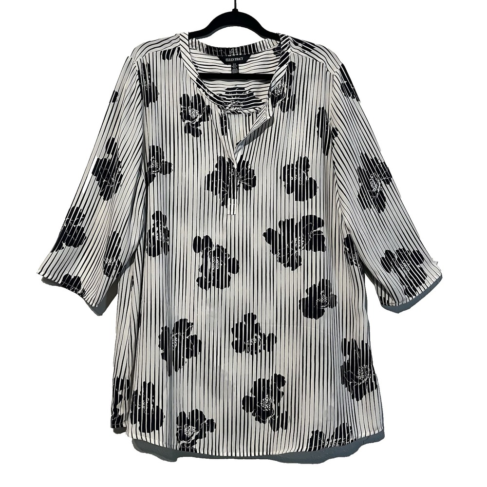 Ellen Tracy Blouse Womens White Black Striped Floral Split Neck Top XL